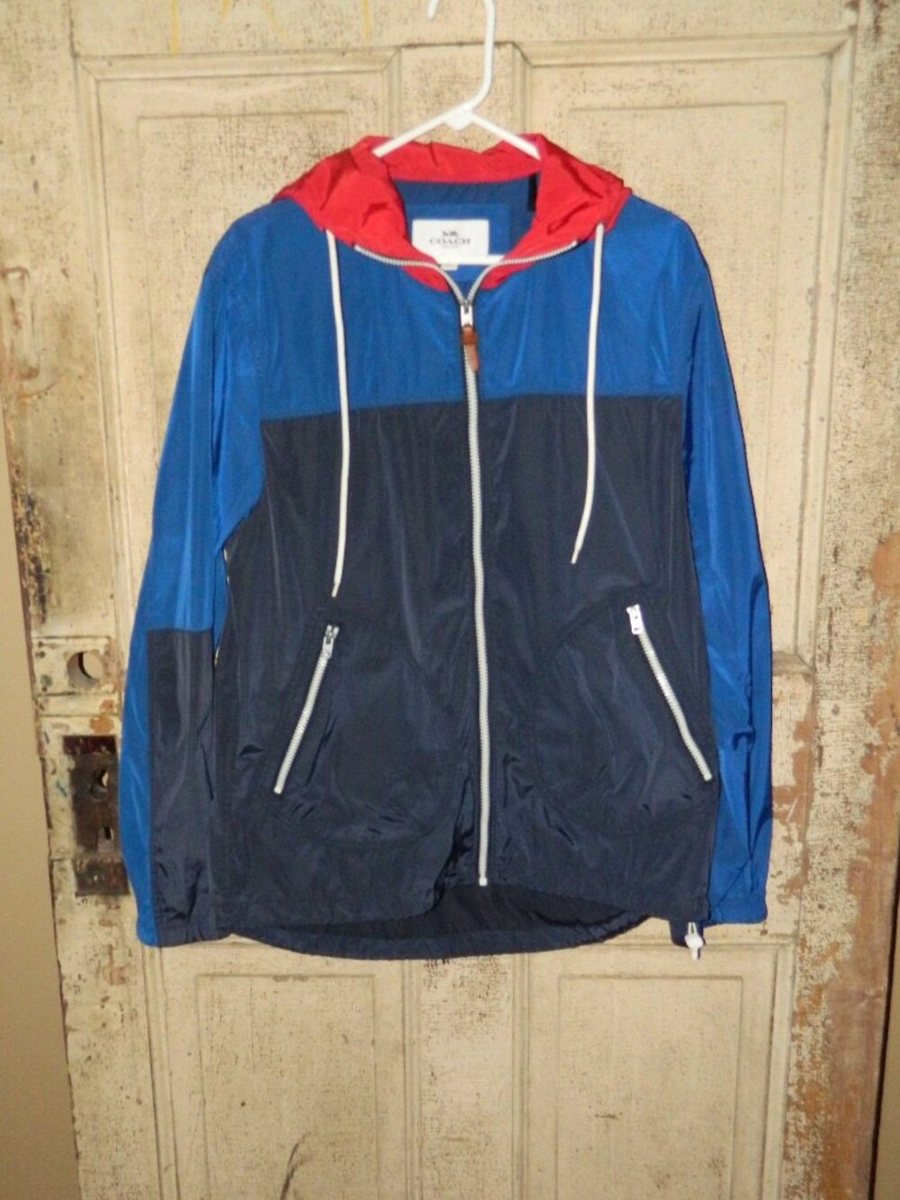Coach Colorblock Hooded Full Zip Windbreaker Jacket Blue Black Red Sz L (CC-36)